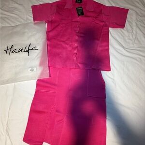 Hanifa Hot Pink Knit Button-Up Top and Skirt Set